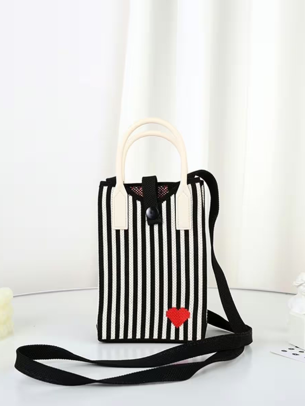 Striped Black & White Heart Crossbody Tote